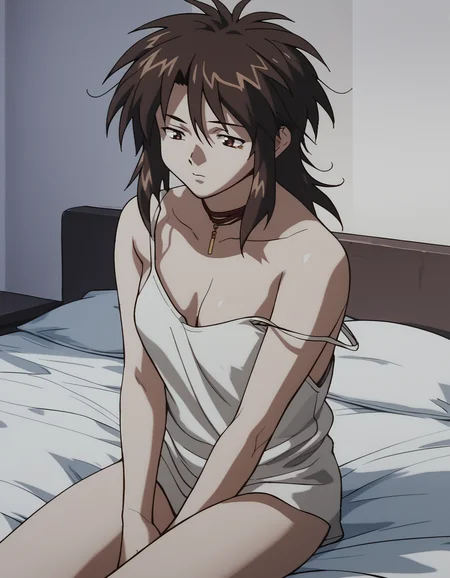 score_9, score_8_up, score_7_up, source_anime, <lora:priss-v3-ponyxl-000005:1> priss, brown eyes, ribbon choker, white tank top, strap slip, no pants, sitting, bed, rubbing eyes, waking up, messy hair,