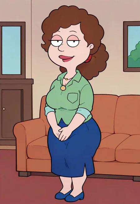 score_9, score_8_up, score_7_up, score_6_up, high quality, rounded eyes, style parody, cartoon style, 1girl, solo, living room, couch, indoors,
BREAK
unnamed girl, brown hair, black eyes, (mature female:1.5), (plump:1.2), large breasts, gigantic ass, gigantic hips, green sweater, rolled up sleeves, blue skirt, navy blue shoes, own hand together, smile, looking at viewer, long skirt, half-closed eyes, necklace,