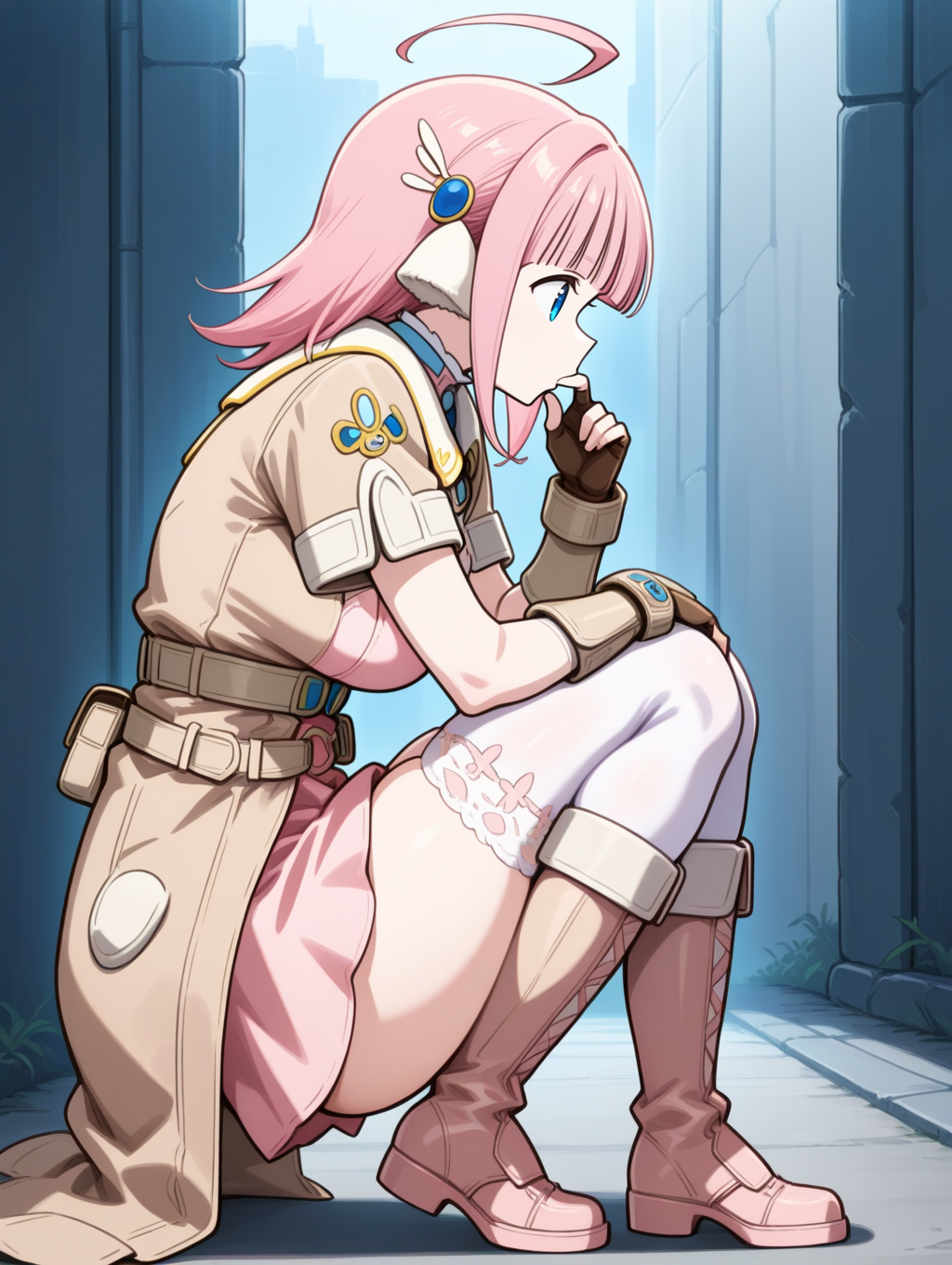 perfect quality,best quality,absolutely eye-catching,ambient occlusion,raytracing BREAK
1girl,<lora:miki IL v1.1_1:0.9>,miki,pink hair,medium hair,blunt bangs,blue eyes,hair ornament,brown coat,short sleeves,pink dress,short dress,bracers,fingerless gloves,brown gloves,white thighhighs,boots,, from side,bust,leaning,finger_in_mouth,curvy,knees_to_chest,