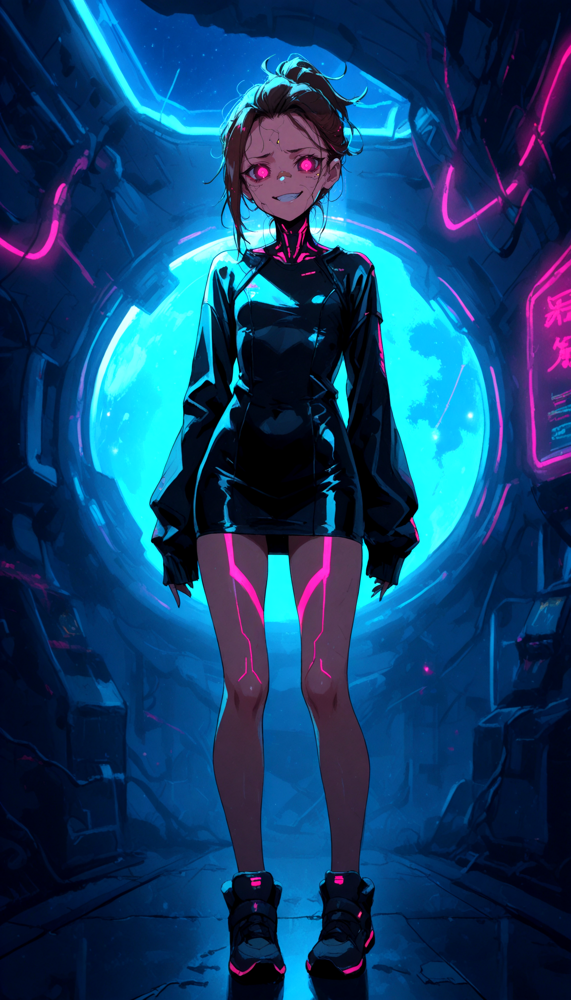 1girl,
NLSTN, glowing, dark, 21-year-old, slim, athletic, small breasts, straight brown hair, messy ponytail, a ravishing cinematic female, tight semi transparent bodycon, short dress, smirking, playful expression, sexual pose, full body shot, space station, cyberpunk, pink and blue neon lights in the background, cinematic lighting, rim light, depth of field, highly detailed, ultra-detailed, solo, bokeh, sleeves past wrists, black dress, tight clothes, looking at viewer, breasts, dress, glowing eyes, black eyes, standing,
masterpiece, best quality, very aesthetic, absurdres
<lora:NLSTN:0.7> <lora:Darkcore_SDXL:1> darkcore