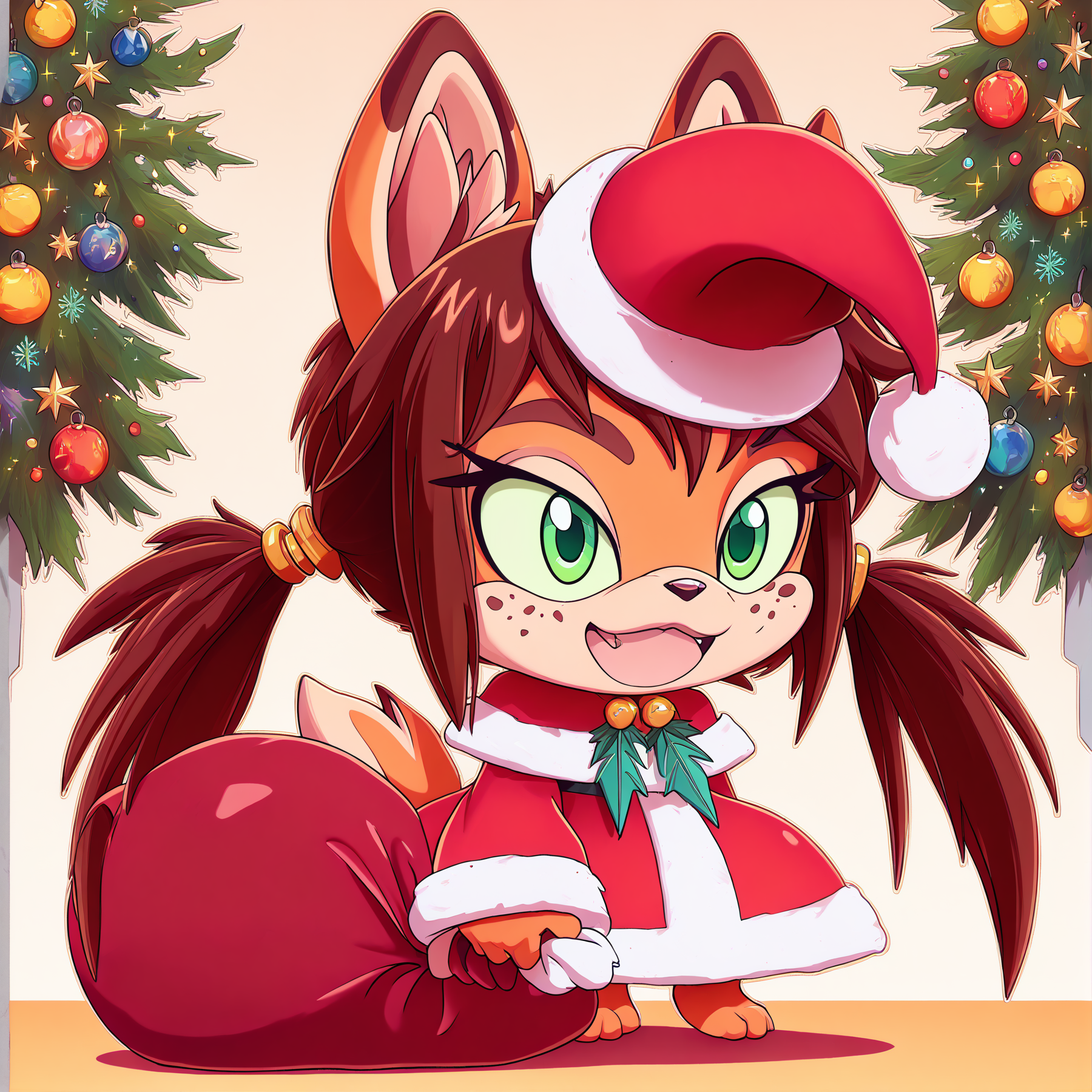 padoru <lora:padoru-IL-1.0:1>, masterpiece, perfect quality, best quality, anime coloring, Rocketgirl, 1girl, solo, animal ears, furry female, tail, brown hair, long hair, green eyes, bangs, freckles, brown fur, sidelocks, twintails, two-tone fur, christmas background <lora:Rocketgirl_v05:1>