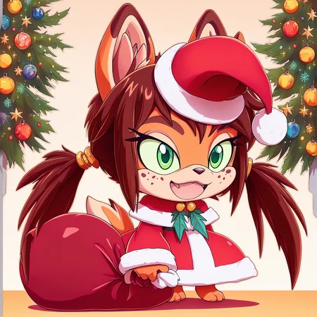 padoru <lora:padoru-IL-1.0:1>, masterpiece, perfect quality, best quality, anime coloring, Rocketgirl, 1girl, solo, animal ears, furry female, tail, brown hair, long hair, green eyes, bangs, freckles, brown fur, sidelocks, twintails, two-tone fur, christmas background <lora:Rocketgirl_v05:1>