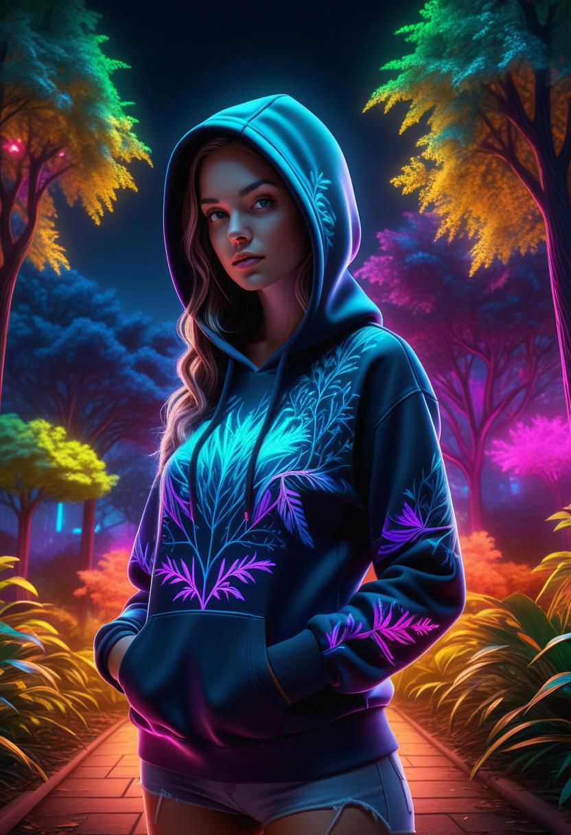 amazing Design a hoodie with a neon-lit, woman  set against a backdrop of a park. a focus on the distinctive vegetation surrounding her, creating a striking and unique visual experience., ultra hd, realistic, vivid colors, highly detailed, UHD drawing, pen and ink, perfect composition, beautiful detailed intricate insanely detailed octane render trending on artstation, 8k artistic photography, photorealistic concept art, soft natural volumetric cinematic perfect light