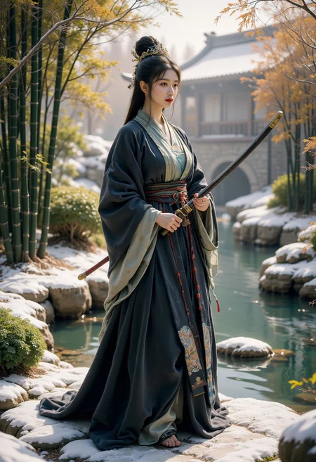 Chinese girl, 1girl, 1qqq, full body view, wei dynasty black hanfu, near pond, bamboo plants, bamboo trees, bonsai plants, practicing sword, fighting stance,winter, good weather,