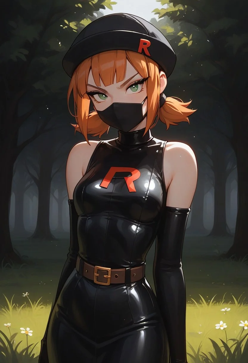 score_9, score_8_up, score_7_up, 1girl, modern college girl, solo, 18 years old, light ginger hair, straight bangs, misty from Pokemon, short braided twintails, messy hair, long bangs, green eyes, cute, cute, long black dress, belt, sleeveless, perfect eyes, shifty looking, sketchy girl, suspicious, suspect, black beanie hat, perfect eyes,((very slim, petite:1.2)), small breasts, perky breasts, dramatic lighting, outdoors, field, trees, grass, park, pretty girl, (young), standing, clear detailed face, square face, ((milky white skin)), perfect girl, beautiful, very short girl, ((wide hips, thick thighs, narrow waist)), thin black eyeshadow, ((curvy, plump, thin arms, narrow shoulders, petite, perfthig)), ((medical mask, surgical mask)), ((black latex opera gloves, latex gloves)), ((team rocket, team rocket outfit, team rocket logo)), ((fascist, fascist girl:1.2)), ((holding poke-ball, throwing poke-ball:1.2)), sexy outfit, sexy girl, sexy pose, annoyed, fierce eyes, squinting eyes, ((eyeliner, eyeshadow, mascara)), dominatrix