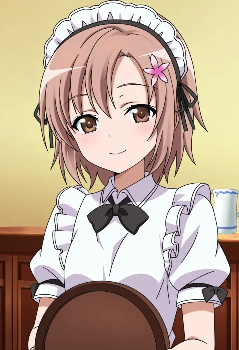general,highres, ultra-detailed,very aesthetic,best quality ,best hands,best eyes,easynegative,
dynamic anglre, dutch angle, anime cloring,anime screencap,
1girl solo,looking at viewer,indoors, smile,holding tray,cup on tray,
Yukimura KUSUNOKI,brown_hair, short_hair, brown_eyes, hair_ornament, maid headdress, small breasts,maid costume