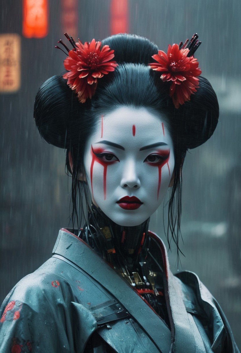 ((android:1.8) Geisha from film ghost in shell:1.5) cyborg parts,scream, creepy, dark movie atmosphere,, fog, natural light, cyberpunk background <lora:TWbabeXL01:0.2>
