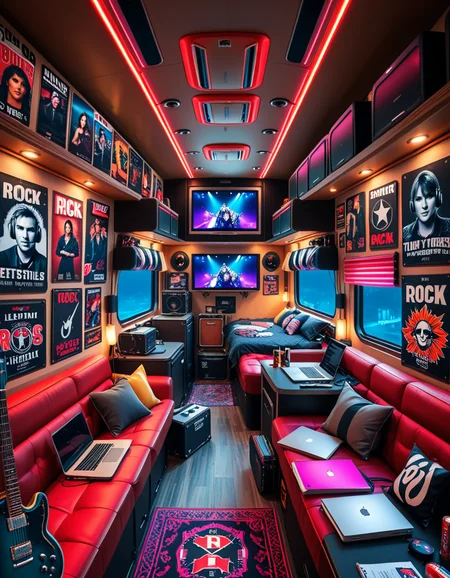 The interior of a modern RV customized for a rock band on tour. The space is stylish and lived-in, filled with musical gear like guitar cases, amps, and a drum pad. Posters of famous rock bands and tour memorabilia cover the walls. There are leather couches, a small kitchenette with snacks and energy drinks, and a cluttered table with laptops, cables, and setlists. A narrow hallway leads to sleeping bunks with personal items like headphones, books, and clothes tossed around. The lighting is warm with LED strips in red and purple tones, giving it a cozy but edgy atmosphere. A small TV displays concert footage, and speakers are mounted on the ceiling. The whole scene feels energetic, artistic, and chaotic in a creative way. Realistic style, rich colors, and highly detailed environment.
<lora:SDXLFaeTastic2400:0.4> <lora:extremely_detailed:0.4> extremely detailed <lora:r0ck_b4nd_rv:1>r0ck b4nd rv, Masterpiece,best quality,hi res,8k,hi res,8k,award winning,(sharp focus, intricate, highly detailed),