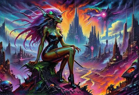 Detailed realistic painting of Dark 1980s cyperpunk city with dark techno witch woman in high hills and high thighs looking over dark city sky line Fantasy Style vivid color