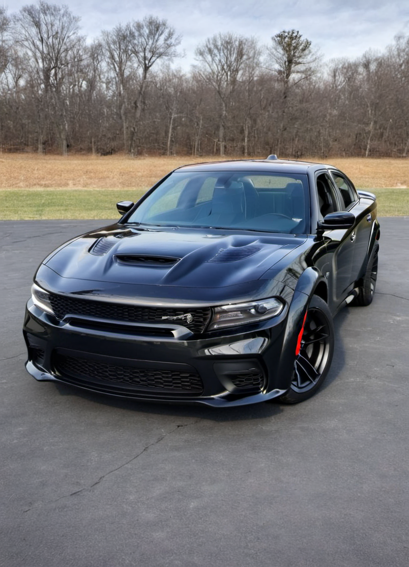 black chargerhellcatsrt, parked, front view, low-angle view
 <lora:ChargerHellcatSDXL:1>