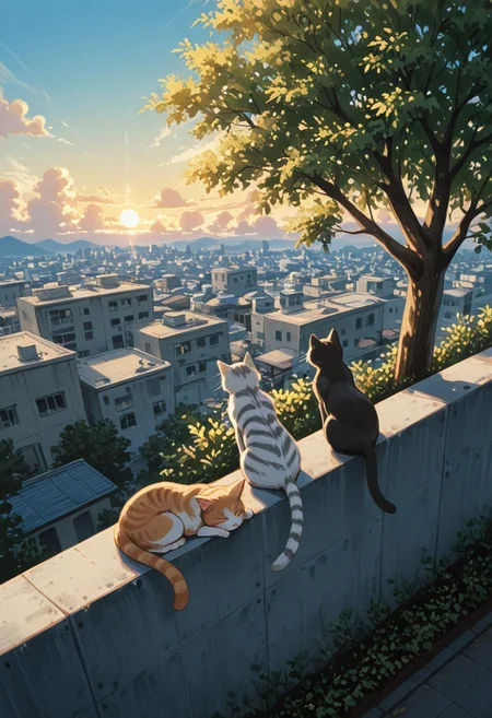 multiple cats, domestic cat, four cats, orange tabby cat, calico cat, black tabby cat, white tabby cat, striped kitten,
on rooftop, sitting in a row, back view, tail hanging down, tail down,
sunny day, soft shadows, warm lighting, vibrant colors, slice of life, serene_mood,
bluesky, white clouds, urban rooftop, concrete wall, plants in foreground, tree, open air, peaceful afternoon,   
masterpiece, amazing quality, best quality, scenery, painterly, anime coloring