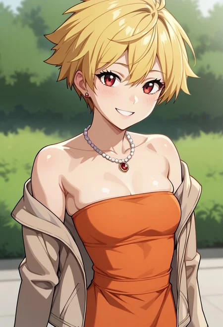 score_9, score_8_up, score_7_up, deep skin, shiny skin, (skindentation), (((highres))), (highly detailed, high resolution), , high quality, highres, source_anime, animification, anime screencap, saturation, vivid colors,, smile, cute, , sexy, LisaSimDT, 1girl, blonde hair, red eyes, short hair, brown jacket, strapless dress, orange dress, pink backpack, jewelry, necklace,, solo, smile