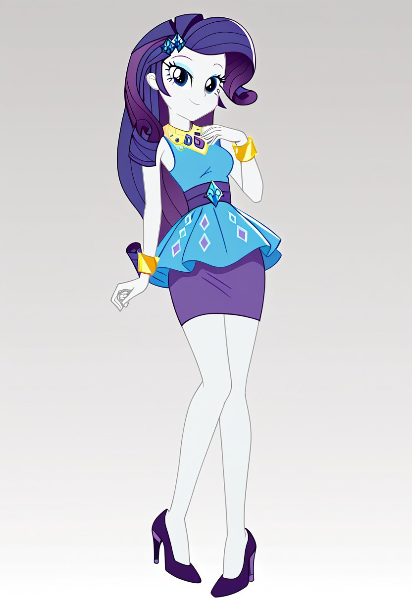 Score_9, Score_8_up, Score_7_up, Volumetric lighting, Tone the entire body, source_cartoon, source_cartoon, Official, rarity, equestria girls, bracelet, clothing, dress, woman, shielding geode, high heels, jewelry, legs, rarity peplum dress, shoes, skirt, Full body, sexy and sensual, sexy model body, Smiling, seductive and sensual look, Alone, one person, 1 girl