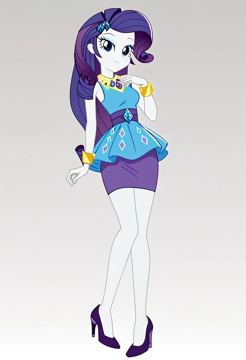 Score_9, Score_8_up, Score_7_up, Volumetric lighting, Tone the entire body, source_cartoon, source_cartoon, Official, rarity, equestria girls, bracelet, clothing, dress, woman, shielding geode, high heels, jewelry, legs, rarity peplum dress, shoes, skirt, Full body, sexy and sensual, sexy model body, Smiling, seductive and sensual look, Alone, one person, 1 girl