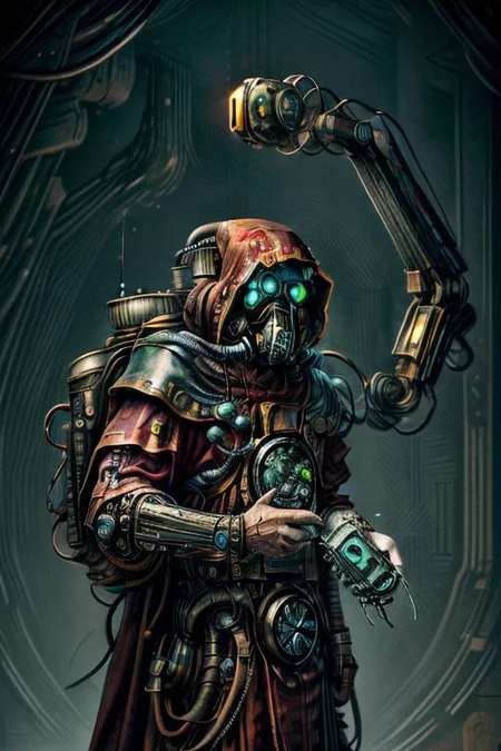 ((masterpiece,best quality)), absurdres, BREAK
mechanical arms, robes, hood, BREAK
((techpriest)), cyborg, mechanical face, mechanical limbs, gas mask, mechanical tentacles, (mechanical backpack), green cloak, BREAK
1other, solo, holding skull, BREAK
(CircuitBoardAI),