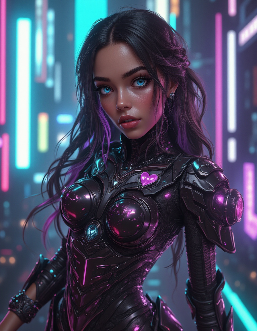 cyber 1girl, skinny, long black hair, cute face, pastel hair, bangle, thick eyebrows, bimbo, cyber black armor dress, full lips, cyber slim ass, large cyber breasts, cyber tits, cyber thighs, Big blue cyber eyes, braid, smile, hearts, cyber butt, city, realistic photo, 
leg raised, leg-split, 
 <lora:cyber-style-flux:1> cyberstnr  <lora:hourglassv2_flux:1> hourglass body shape