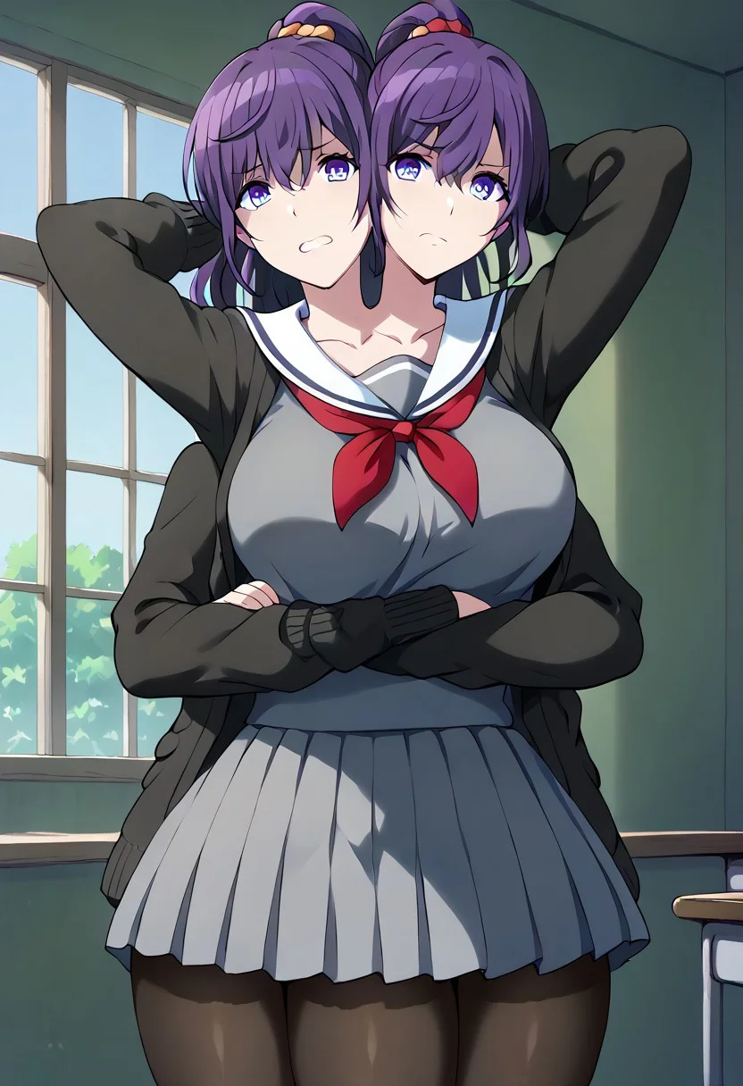score_9, score_8_up, score_7_up, score_6_up, score_5_up, source_anime, masterpiece, best quality, (((hum4np3d3, 8 arms, multiarm, three heads, six legs))), futanari, multibreast, indoors,
asahina_mafuyu, purple hair, purple eyes, blue eyes, gradient eyes, mossy ponytail, long hair, large breasts, official art, school uniform, pleated skirt, large breasts, black cardigan, grey shirt, open cardigan, black pantyhose, sailor collar, serafuku, open clothes, grey skirt, blue eyes, pleated skirt, white sailor collar, red neckerchief, ((black stockings)), standing, very wide waist, thick thighs, looking at viewer, shaded face, disgusted face, arms behind head, (arms crossed), arms on waist, indoors, classroom, cowboy shot, <lora:StS_detail_slider_v1:4>, <lora:add-detail-xl:0.5>, <lora:hand 4:1>, <lora:feet v3:1>, <lora:twoheads:1>