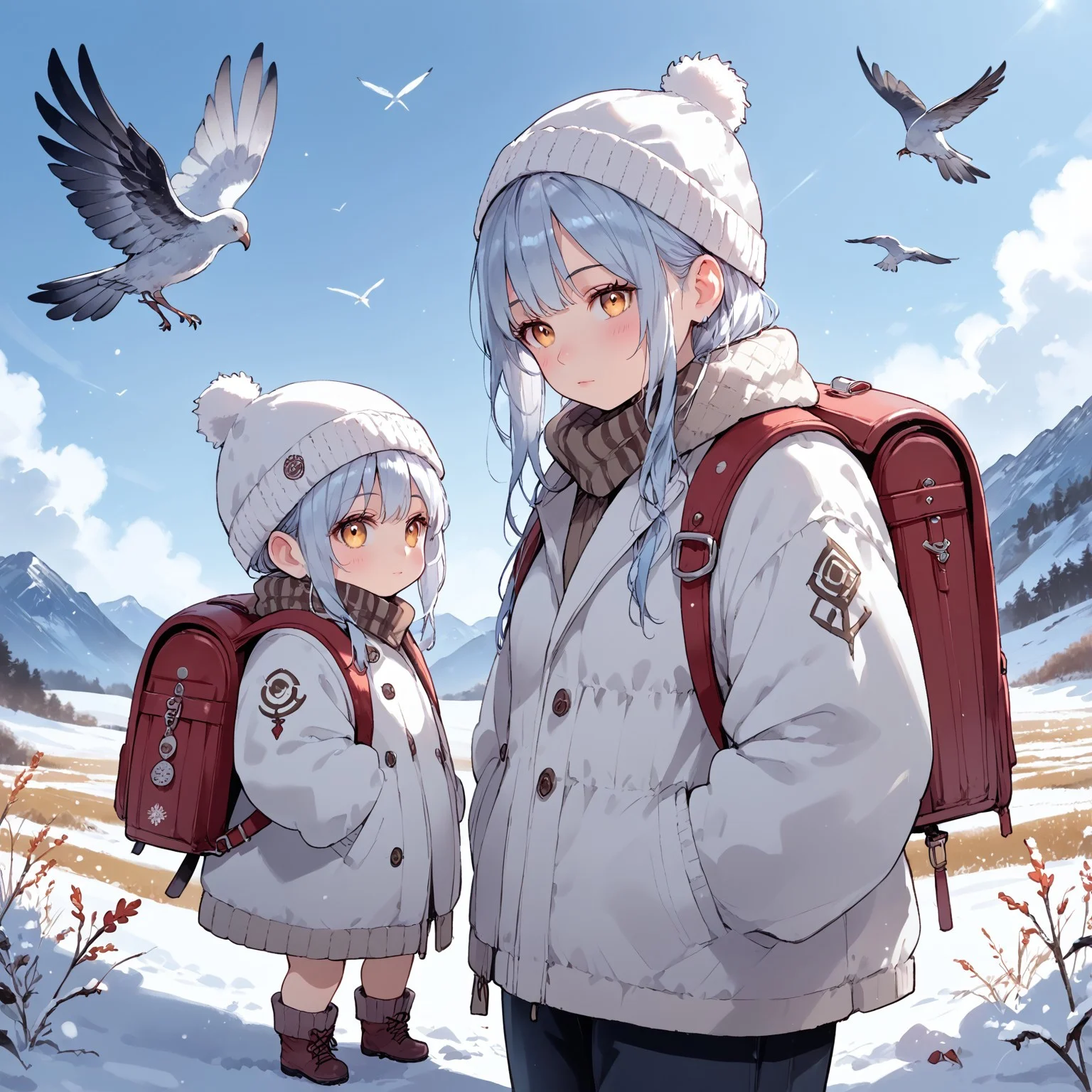 score_9, score_8_up, score_7_up, source_anime, 2girls,(ultra HD quality details), anime, slightly chibi, bird girls, feathers, thick winter clothing, backpack, tall bird girl is buttoning up the winter coat of smaller bird girl, (detailed image, high resolution, 5k resolution:1.0), Expressiveh, warm lighting, open field