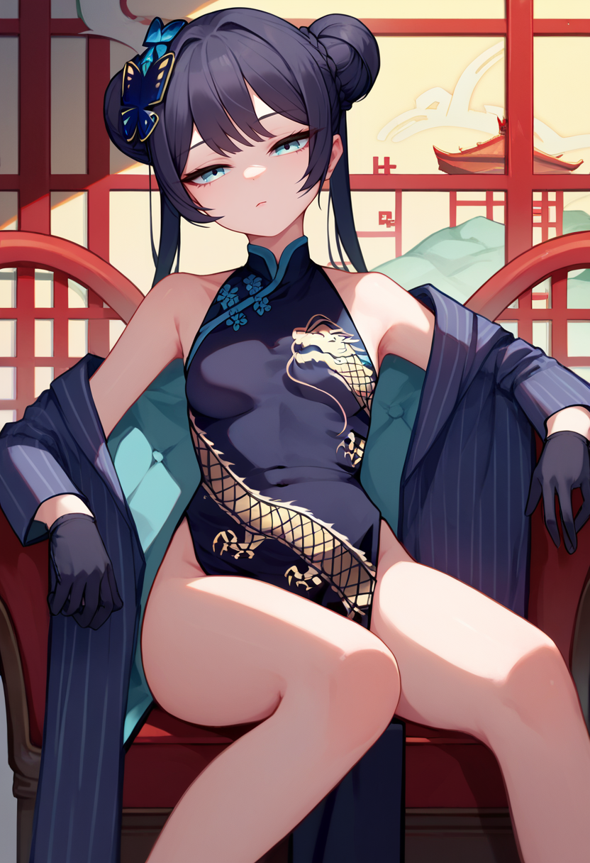score_9, score_8_up, score_7_up, 1girl, ksak, black hair, double bun, low twintails, china dress, hair ornament, open jacket, black gloves,  looking at viewer, sitting, chair, east asian architecture,    <lora:Kisaki 3-000007:1>