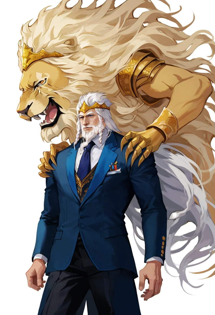 masterpiece,best quality,highly detailed,score_9,score_8_up,score_7_up,score_6_up,source anime,
BREAK
1boy,suit,white hair,crown,beard,white background,cowboy shot,lion,claws,golden lion,hands on another's shoulders,
<lora:GodrickPony1.0:0.8>,