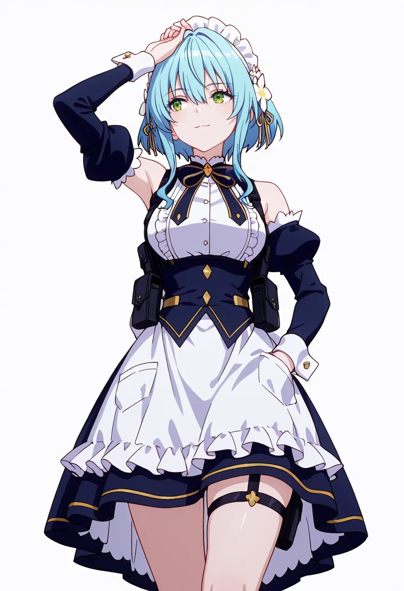 Smooth Quality,masterpiece,very intricate, high quality details, ultra realistic, high detailed skin,detailed enviorement,absurdres,
Hand on own head,
<lora:Villhaze_CNR:0.8> villhaze_cnr, 1girl,blue hair, short hair with long locks, green eyes, hair between eyes, hair flower,bare shoulders, maid apron,dress,detached sleeves, long sleeves, juliet sleeves, frills, thigh strap, buttons,bowtie, ribbon,maid headdress,hair flower,, simple background, white background, from below,
walking, one hand in pocket, looking aside, casual, confident, ,, ^q^ ,, tactical vest, ,anorak, ,loose pants, ,
