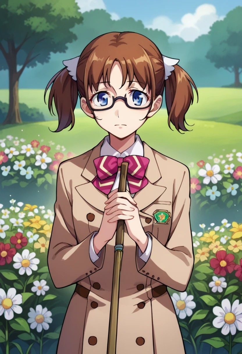 score_9, score_8_up, score_7_up, source_anime, sakuraiaina, short twintails, glasses, flower, buttons, outdoors, holding broom, day, brown jacket, own hands together, ribbon, cowboy shot