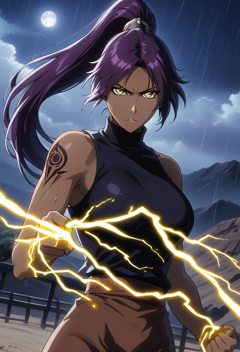 long hair, black pupils, purple hair, ponytail, dark skin, dark-skinned female, high ponytail, yellow eyes, high ponytail, high definition, detailed eyes, TiteKuboStyle, TiteKuboAnimeStyle, BleachTybwStyle, vslinxbleachtybw
OUTFIT:
black turtleneck, brown skirt, very torn clothes, highly detailed, highres, high quality, best quality, volumetric lighting, UHD, skin texture, skin detail, high quality skin, highly detailed, busty breasts.
BEHAVIOR:
mature female, dutch angle, beautiful face, portrait, medium breasts, body surrounded by electric discharges, blood on face, tattoo, serious, fighting stance, solo, aura, looking at viewer, side angle.
BACKGROUND:
desert, black clouds, purple sky, storm, volcanoes, eruptions, dark atmosphere, chain lightning,yellow electricity,  electrocution, yellow lighting, big moon, red moon, raining day, night day, darkness.