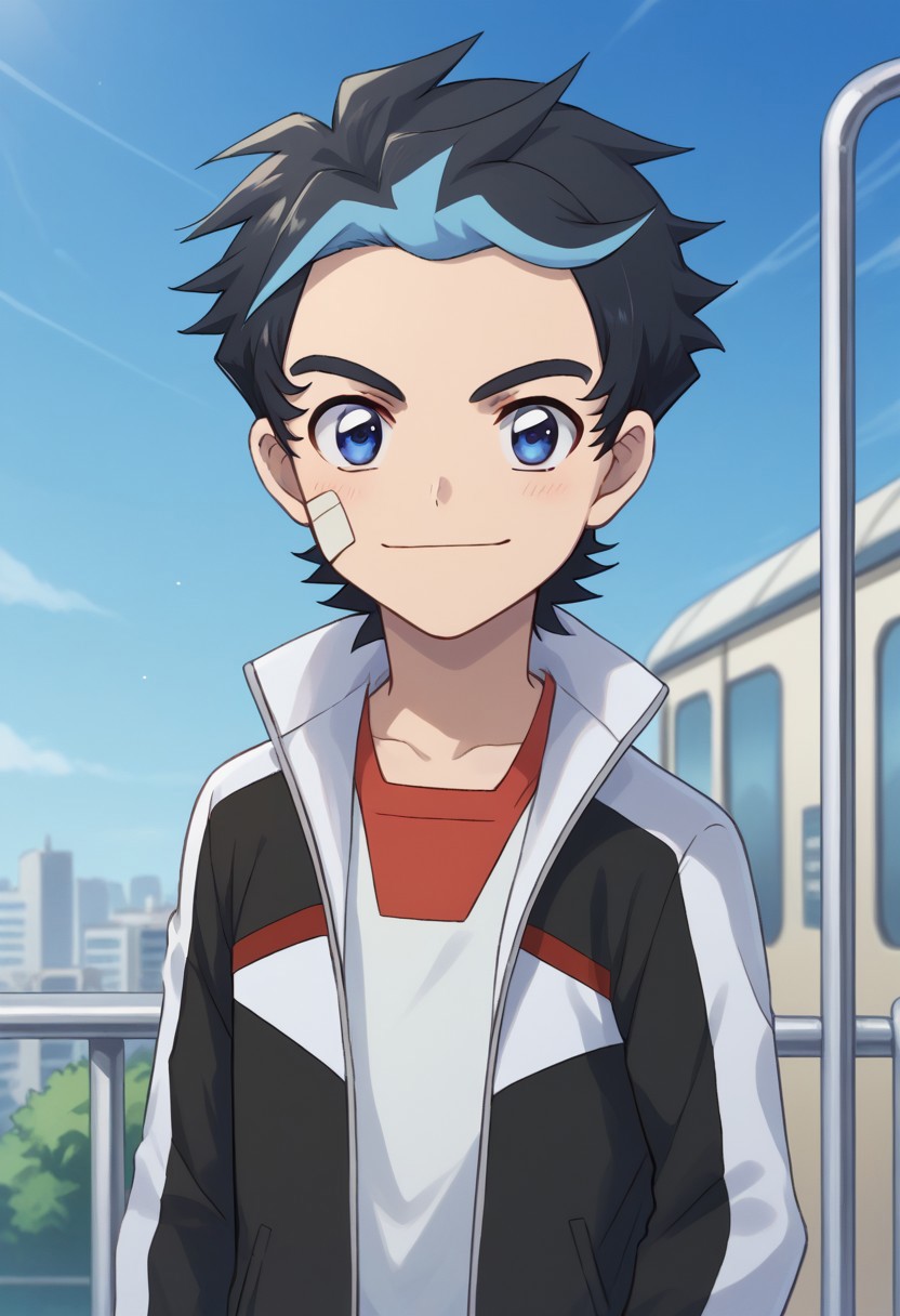 score_9, score_8_up, score_7_up, source_anime, highly detailed, 
tatsumi, 1boy, male focus, solo, smile, upper body, black hair, jacket, shirt, blue eyes,
closed mouth, blue hair, open clothes, bandaid, multicolored hair, looking at viewer, open jacket, white shirt, bandaid on face, streaked hair, short hair,
two-tone hair,
outdoor, sky, train, shinkansen,