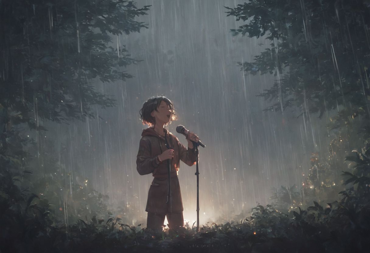 score_9, score_8_up, score_7_up, 1 single girl, stage in the forest, singer, spot light, rain, high resolution, best quality