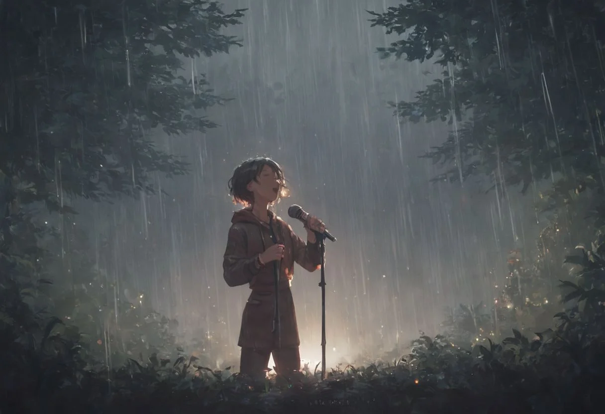 score_9, score_8_up, score_7_up, 1 single girl, stage in the forest, singer, spot light, rain, high resolution, best quality
