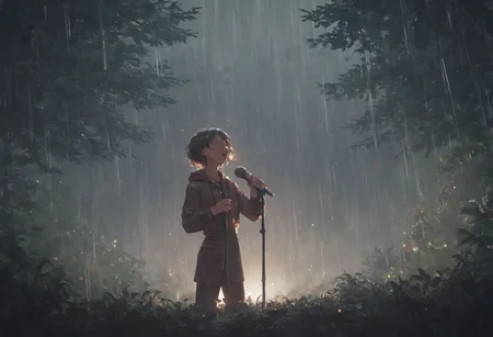 score_9, score_8_up, score_7_up, 1 single girl, stage in the forest, singer, spot light, rain, high resolution, best quality