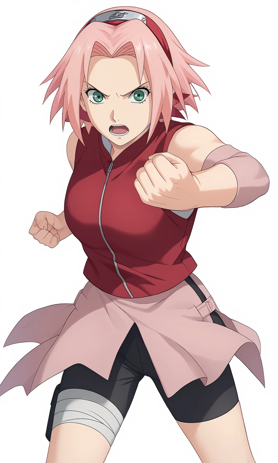 score_9, score_8_up, score_7_up, game cg,
pov,
clenched hands,
harunosakura, 1girl, pink hair, green eyes, short hair, black gloves, elbow pads, sleeveless shirt, looking at viewer, pink skirt, forehead protector, bandaged leg, black shorts, konohagakure symbol, red shirt, haruno sakura,
fighting stance,
serious, open mouth,
simple background, white background,
<lora:Sakura_PXL:1>
