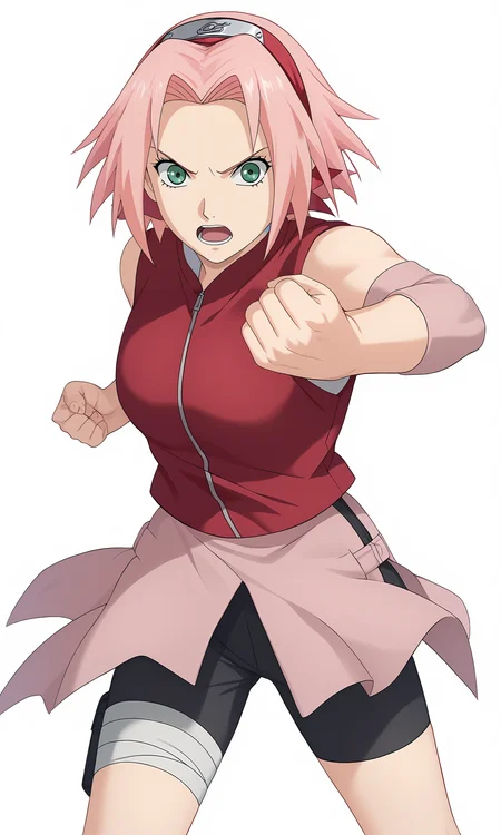 score_9, score_8_up, score_7_up, game cg,
pov,
clenched hands,
harunosakura, 1girl, pink hair, green eyes, short hair, black gloves, elbow pads, sleeveless shirt, looking at viewer, pink skirt, forehead protector, bandaged leg, black shorts, konohagakure symbol, red shirt, haruno sakura,
fighting stance,
serious, open mouth,
simple background, white background,
<lora:Sakura_PXL:1>