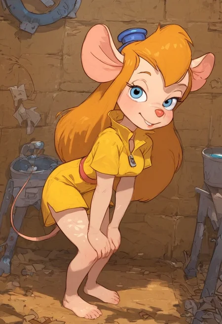 score_9, score_8, score_7, score_6, score_9, mouse tail, Gadget, Cartoon, 1girl, solo, puffy girl, bright smile, perfect skin, looking at viewer, long hair, perfect round breasts, dappled sunlight, workshop yellow jumpsuit, zipper, , barefoot, strong shadows, standing, bend over, hands on knees, Expressiveh, by posssummachine
