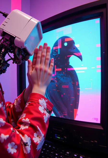 ajpasbot, neon-mist, bleaked atmospheric lighting with neon glitches, retro Vintage Robot wearing Red flower kimono with tv-screen head, the Screen Showing a killercrow bird Closeup, grainy Image, distorted vision, atmospheric Haze, Folds her hands in front of her face, cinematic composition, atmospheric haze, very detailed, raw photo, photorealistic, high detailed texture, 8k uhd, dslr, soft lighting, high quality, film grain, atmospheric haze, Film grain, cinematic film still, shallow depth of field, highly detailed, ishin_glitch style