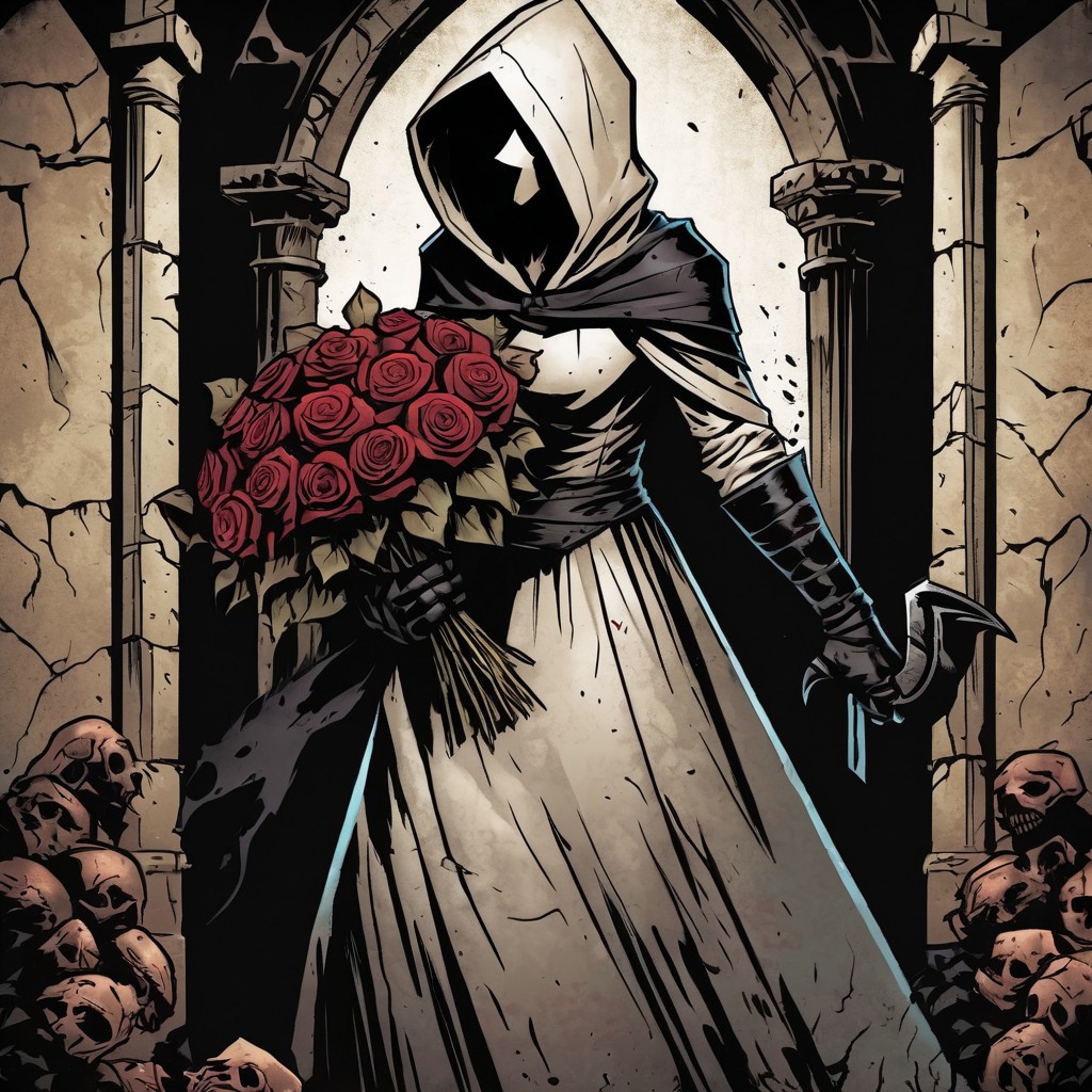 high-definition 8k comicish artwork in dgst artstyle of a young woman with hood over face, (wearing an executioner;s hood, a white simple wedding dress with black boots and elbow gloves:1.3), standing in front of dark tunnel, holding bouquet of roses, symmetrical