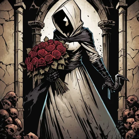 high-definition 8k comicish artwork in dgst artstyle of a young woman with hood over face, (wearing an executioner;s hood, a white simple wedding dress with black boots and elbow gloves:1.3), standing in front of dark tunnel, holding bouquet of roses, symmetrical