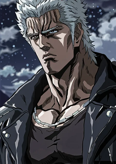 <lora:Fist_of_the_North_Star_-_PonyXL:1> Northstar style, closeup of a man with a serious expression, wearing a black jacket and black shirt, looking at something, at night, <lora:detailed_hands:.5>