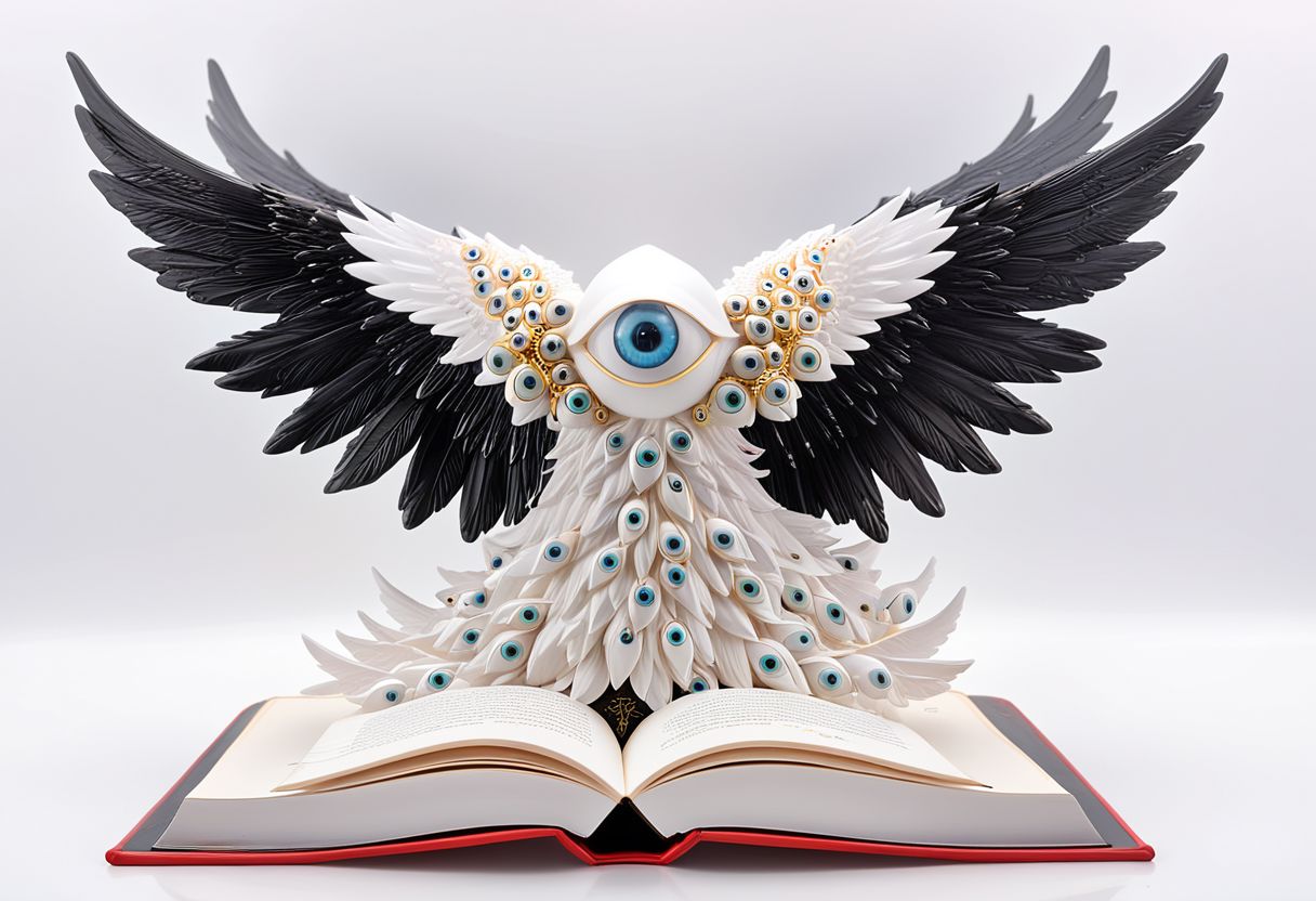 seraphim, mystical creature with hundreds of eyes and wings, high quality PVC figurine, stands on open book, profile angle, eyes shaped like nipples