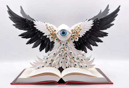seraphim, mystical creature with hundreds of eyes and wings, high quality PVC figurine, stands on open book, profile angle, eyes shaped like nipples