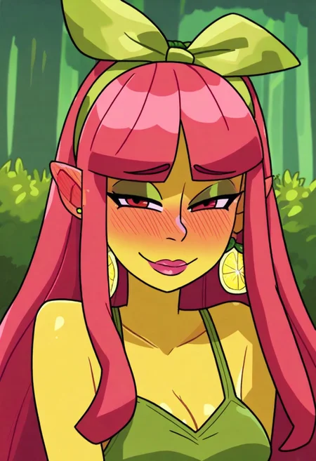 Monster Prom,
1girl, solo, portrait, bangs, sidelocks, hairband, smile, blush, lips, earrings, jewelry, breasts, collarbone, cleavage, pink hair, yellow skin, colored skin, long hair, red eyes, hime cut, blunt bangs, half-closed eyes, closed mouth, seductive smile, nose blush, pointy ears, bare shoulders, medium breasts, bush, food, nature, fruit, outdoors, looking at viewer, green dress, dress, lemon, eyeshadow, sleeveless, bow hairband, ear blush, food-themed earrings, green hairband, lemon earrings, raised eyebrows, sexually suggestive