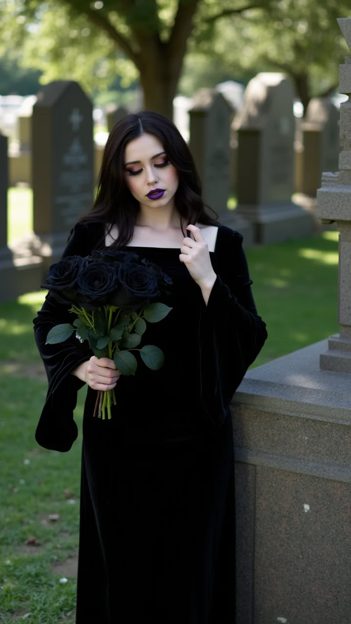 An outdoor, natural light photo of a goth woman in a black velvet dress with bell sleeves, standing in a cemetery. She holds a bouquet of black roses, her makeup dramatic with dark eyeliner and purple lipstick, as she gazes pensively at a gravestone.     , goth Girl