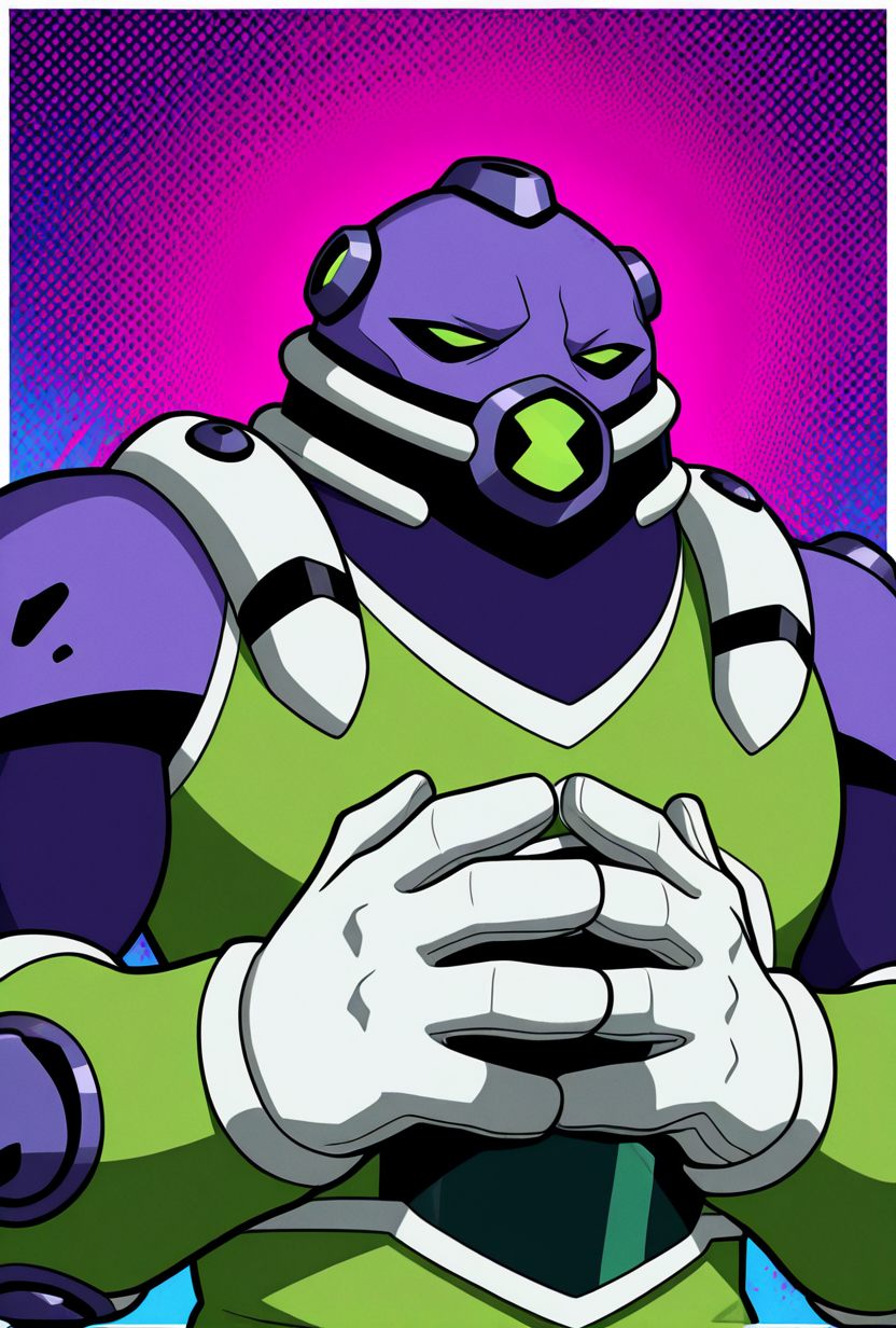 <lora:gutrot-10:1> gutrot, armor, 1boy, male focus, purple skin, green suit, , green eyes, white gloves, bodysuit,, masterpiece, best quality, amazing quality, very aesthetic, absurdres, newest,, upper body, halftone effect, white borders, abstract background:1.2,