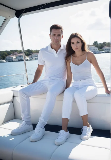 man 35 years old and young woman, sitting on the yacht, see at camera, white pants, white sneakers  <lora:Couple on yacht v.5:0.8>, <lora:Perfect Hands:1>