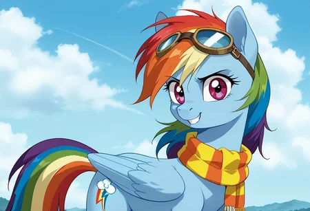 score_9, score_8_up, score_7_up, anime screencap, BREAK, my little pony Rainbow Dash, a blue pegasus with purple eyes and rainbow mane and tail, source_feral, aviator goggles, outdoors, daylight sky, cloudy, scarf on neck, source_anime, retro anime style