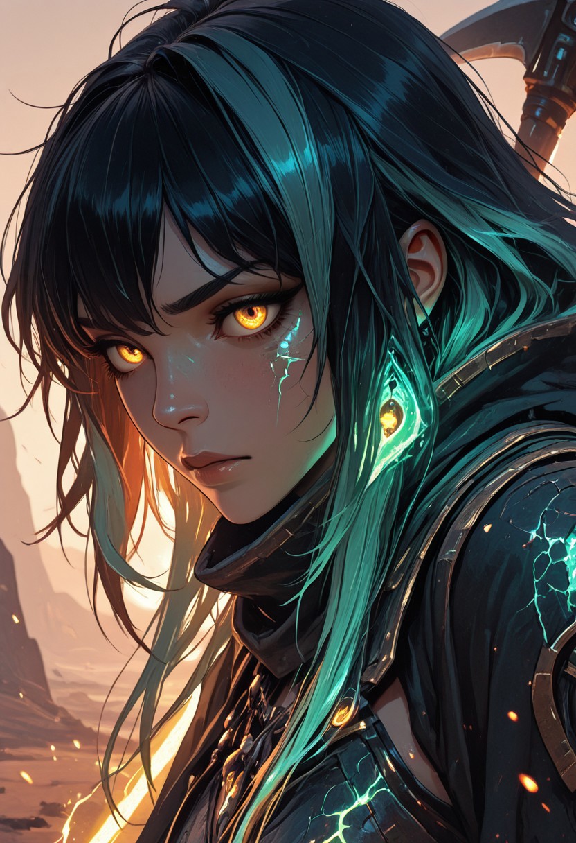 (masterpiece), (best quality), (8k), 1girl, cinematic lighting, dynamic action pose, mid-motion, desert setting, glowing heat haze, sun rays cutting through sand dust, monster scale armor, intricate textures, two-tone hair flowing in wind, intense expression, axe mid-swing, muscular build, determined face, cloak flaring behind, ambient particles in air, golden hour glow, cracked sandstone terrain, tribal hunter aesthetic, mid-leap or mid-charge, motion blur on background, focused eyes, golden energy, golden magic, golden trim, 
Close up, closeup,