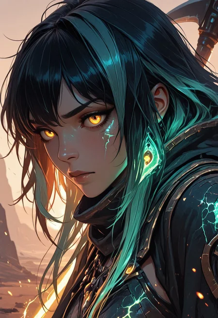 (masterpiece), (best quality), (8k), 1girl, cinematic lighting, dynamic action pose, mid-motion, desert setting, glowing heat haze, sun rays cutting through sand dust, monster scale armor, intricate textures, two-tone hair flowing in wind, intense expression, axe mid-swing, muscular build, determined face, cloak flaring behind, ambient particles in air, golden hour glow, cracked sandstone terrain, tribal hunter aesthetic, mid-leap or mid-charge, motion blur on background, focused eyes, golden energy, golden magic, golden trim, 
Close up, closeup,