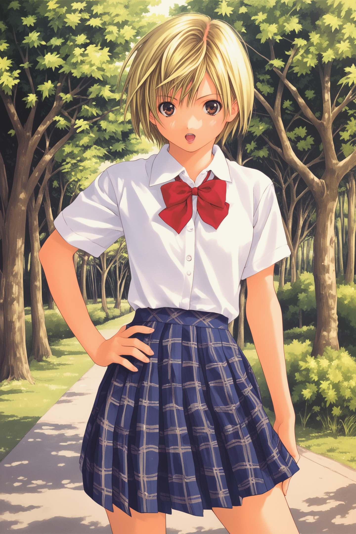 score_7up,
Nishino Tsukasa,1girl,solo,skirt,short hair,plaid,blonde hair,school uniform,red bow,plaid skirt,shirt,looking at viewer,white shirt,standing,tree,school,brown eyes,open mouth,hand on own hip,
<lora:Mizuki Kawashita_PONY_XL:1.4>,