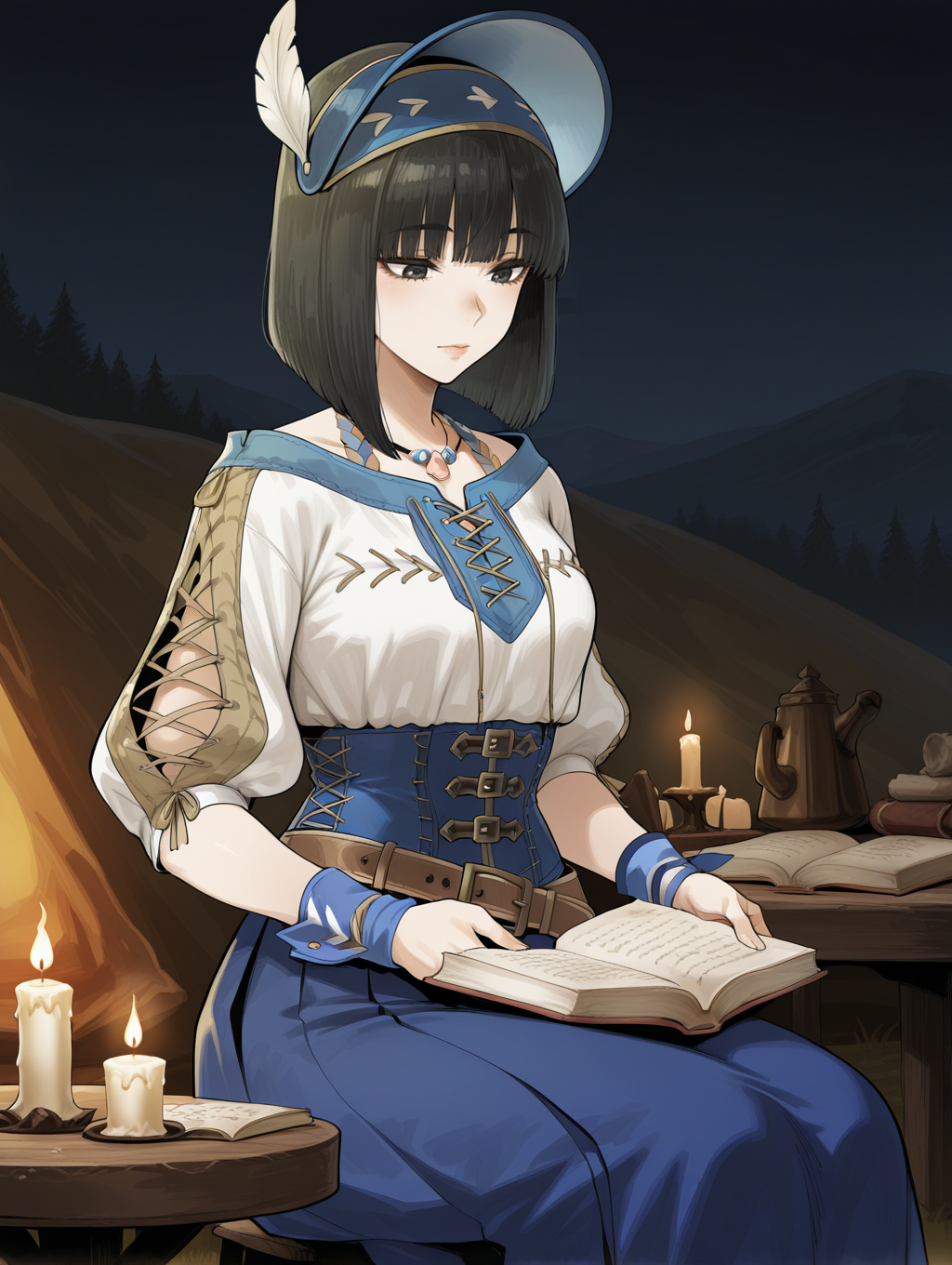 felicita, 1girl, solo, sitting, open book, holding book, reading, candle, closed mouth, table, lips, blue headdress, blue necklace, blue cross-laced clothes, blue corset, blue wrist cuffs, brown belt, blue long skirt, camp,
masterpiece,best quality,amazing quality,very aesthetic,absurdres,newest,<lora:Felicita & Clerk Suit Armor illuXL v1:0.75>,
