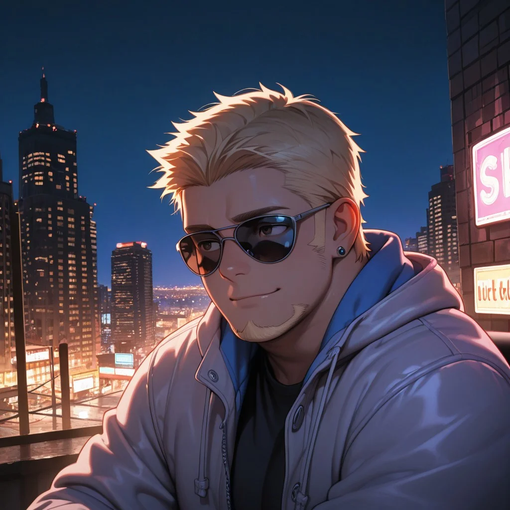 masterpiece, best quality, amazing quality, absurdres, newest, detailed background, definition so sharp, Ultra-HD, 8K cinematic, very awa, impressionate, amazing quality, highres,
solo, male focus, manly,
1boy, short hair, goatee, chubby, rikio_blonde, rikio_brown eyes, rikiokamamoto, sunglasses \(on face\), earrings, sideburns, stylish jacket, urban background, city lights, night, cool colors, confident, suave, upbeat, chill vibe, leaning, relaxed pose, slight smile,